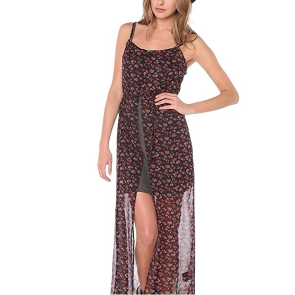 Volcom black red sheer floral rose cape top party dress vacation pool cover up - Picture 3 of 15